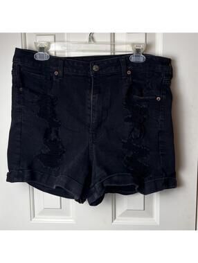 American Eagle AEO Black Distressed Stretch Denim Shorts #6306 Cuffed Sz 14